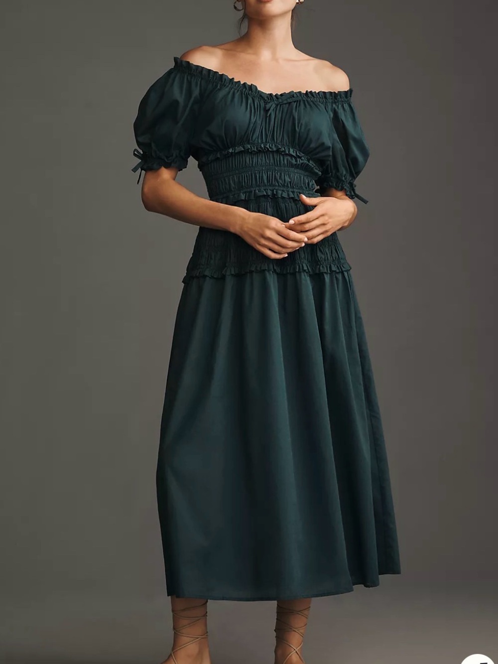 Hutch- Off-Shoulder Smocked Midi Dress - Deep Teal